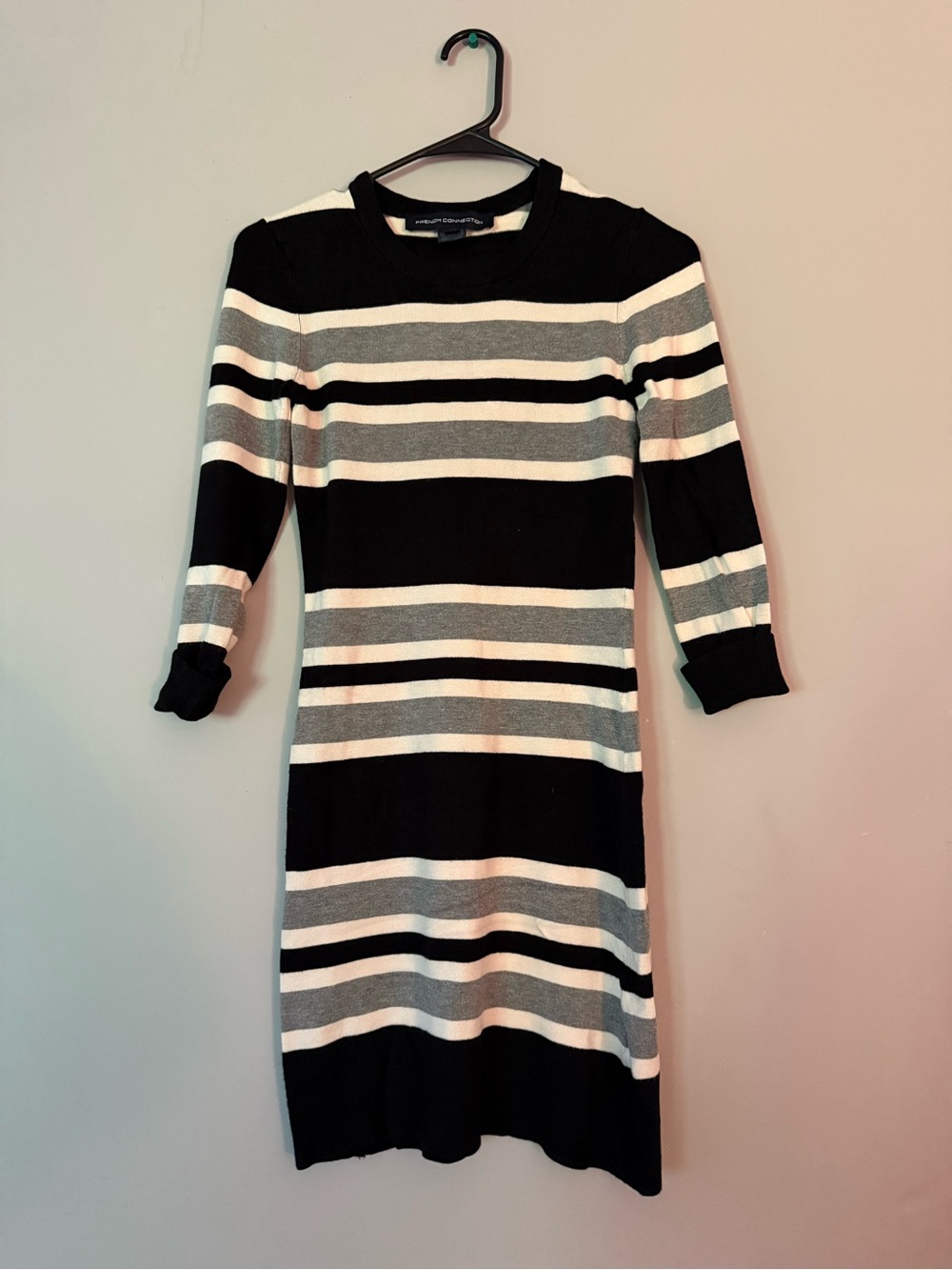 French Connection Black, White & Gray Striped Knit Midi Dress